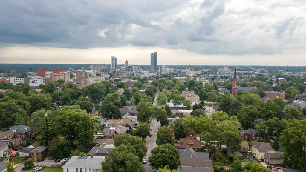Aerial view of downtown Fort Wayne, Indiana, showing its skyline and surrounding city blocks
