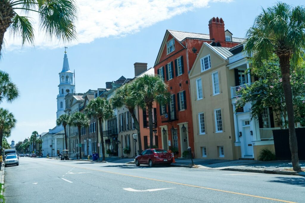 Historic downtown buildings and street scene in Charleston, South Carolina