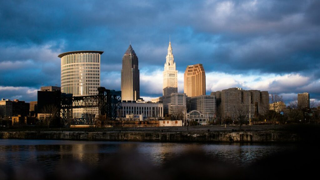 View of the Cleveland, Ohio skyline and city buildings photographed in January 2019