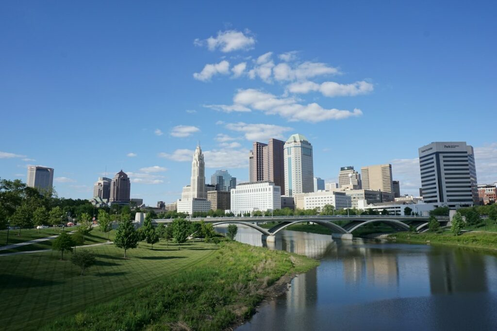 Downtown Columbus, Ohio skyline viewed from the Main Street Bridge over the Scioto River