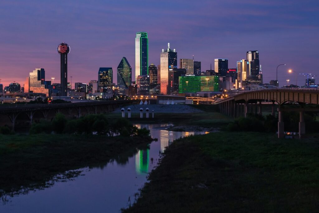 Downtown Dallas, Texas skyline as seen from across the Trinity River