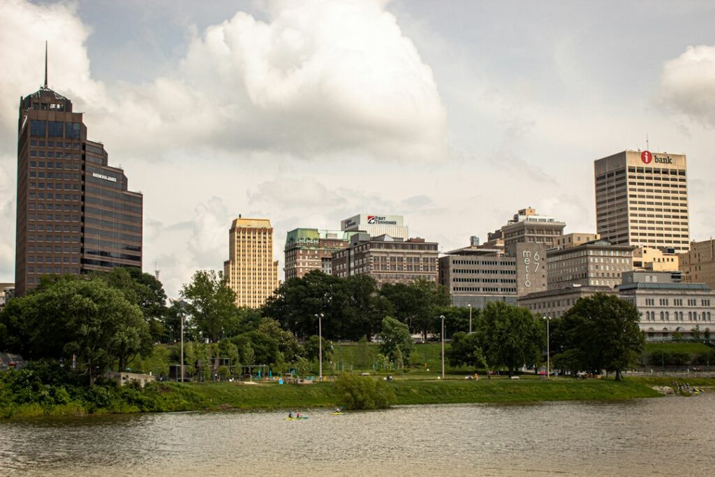 Downtown Memphis, Tennessee skyline of office and residential towers seen from Mud Island