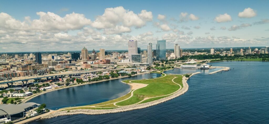 Aerial view from Lake Michigan of downtown Milwaukee, Wisconsin and its lakefront towers