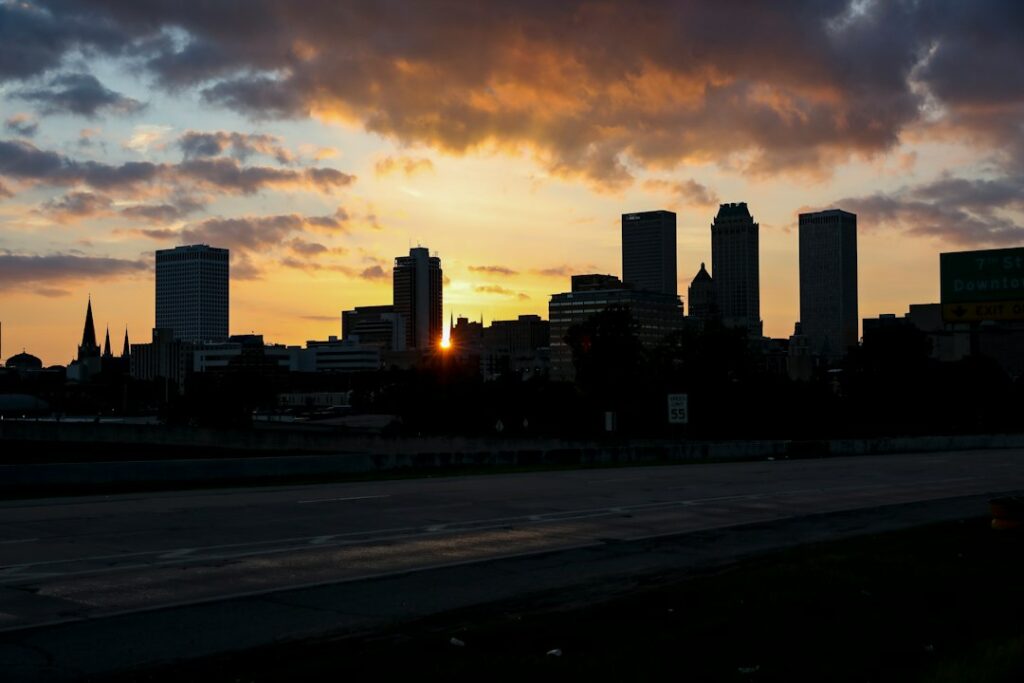 Downtown Tulsa, Oklahoma skyline at sunset with office towers and city buildings