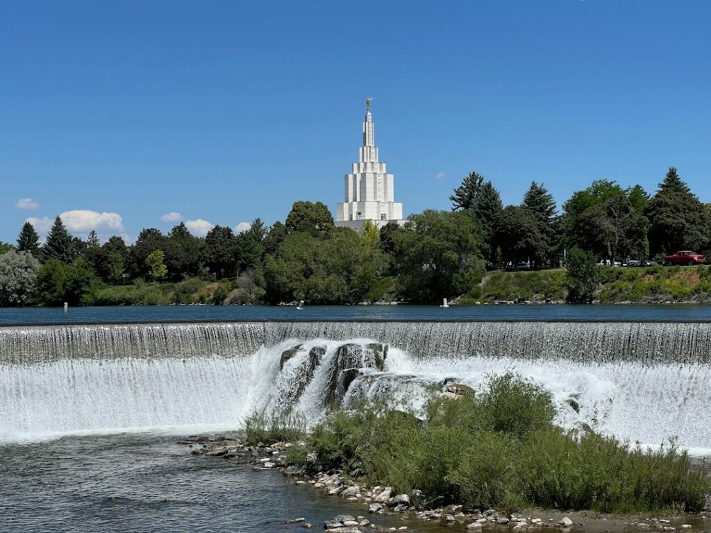 The Idaho Falls River Walk along the Snake River near downtown Idaho Falls, Idaho