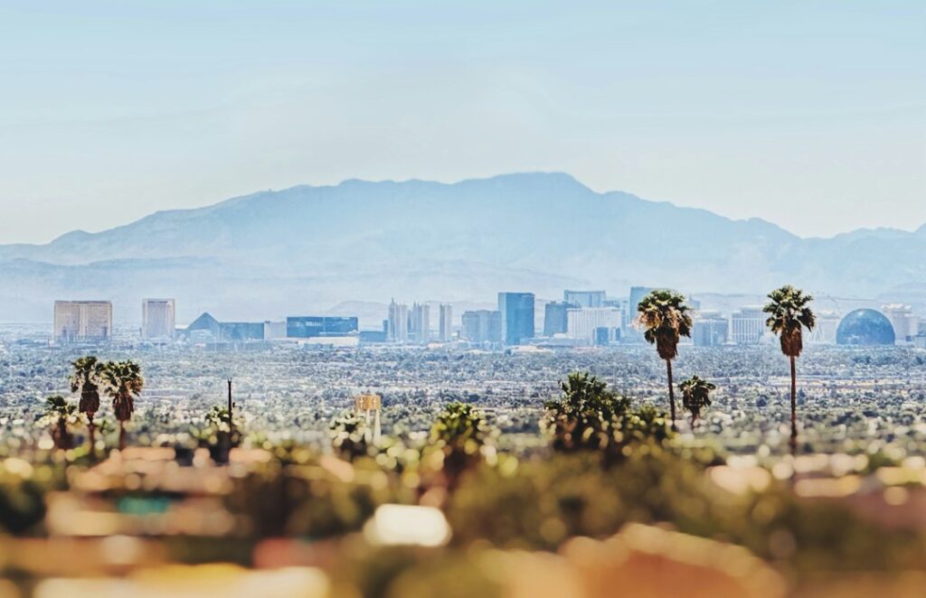 Las Vegas, Nevada city skyline of high-rise towers seen from a distance