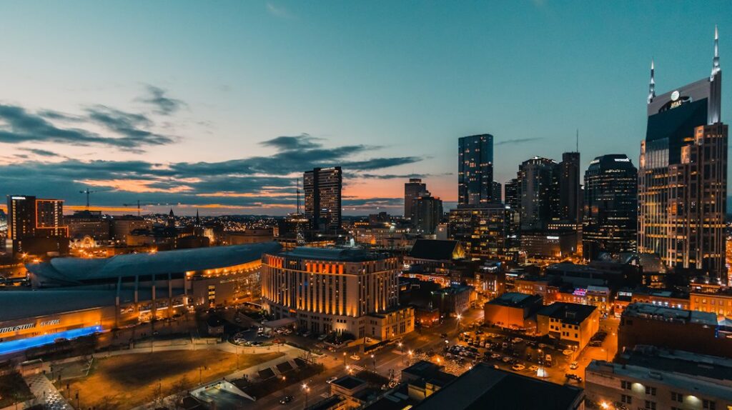 Downtown Nashville, Tennessee skyline with high-rise towers seen across the city