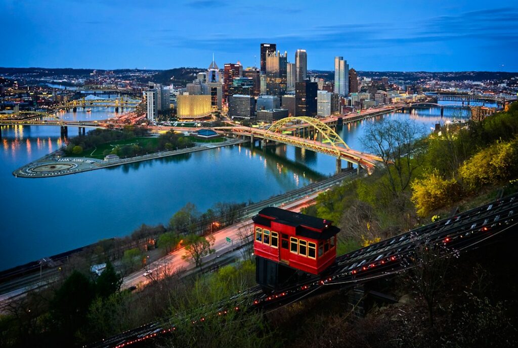 Downtown Pittsburgh, Pennsylvania skyline at night with the Duquesne Incline in the foreground