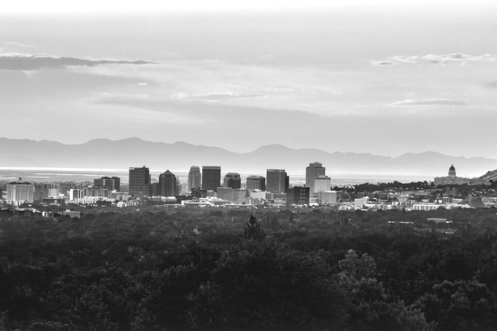 Downtown Salt Lake City, Utah skyline with high-rise buildings against the sky