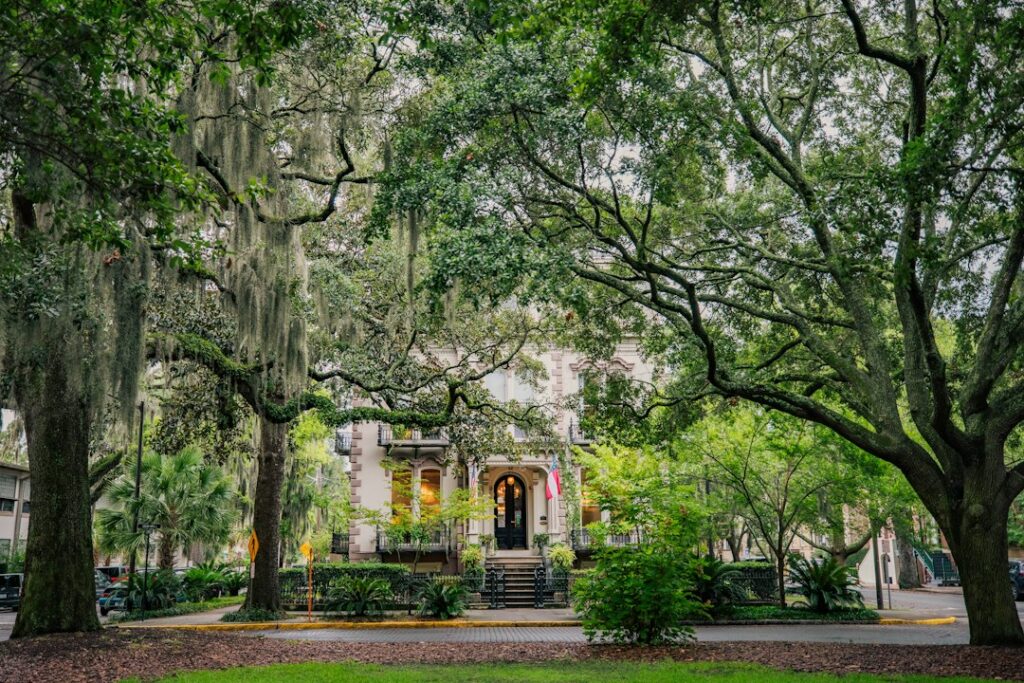 View down one side of a historic square in Savannah, Georgia, lined with older buildings