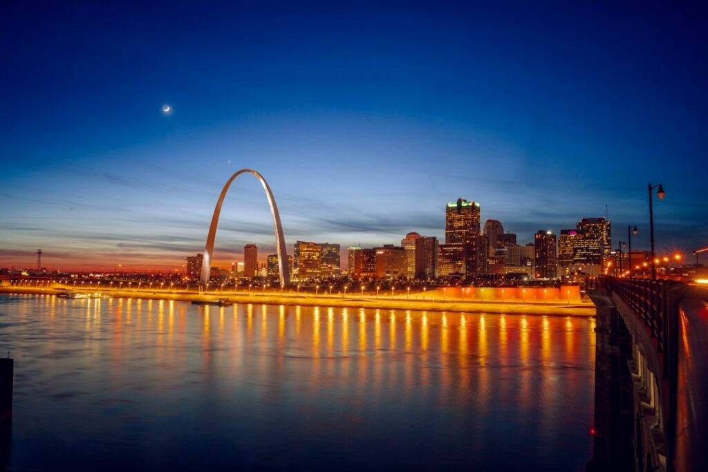 Downtown St. Louis skyline and the Gateway Arch viewed from across the Mississippi River