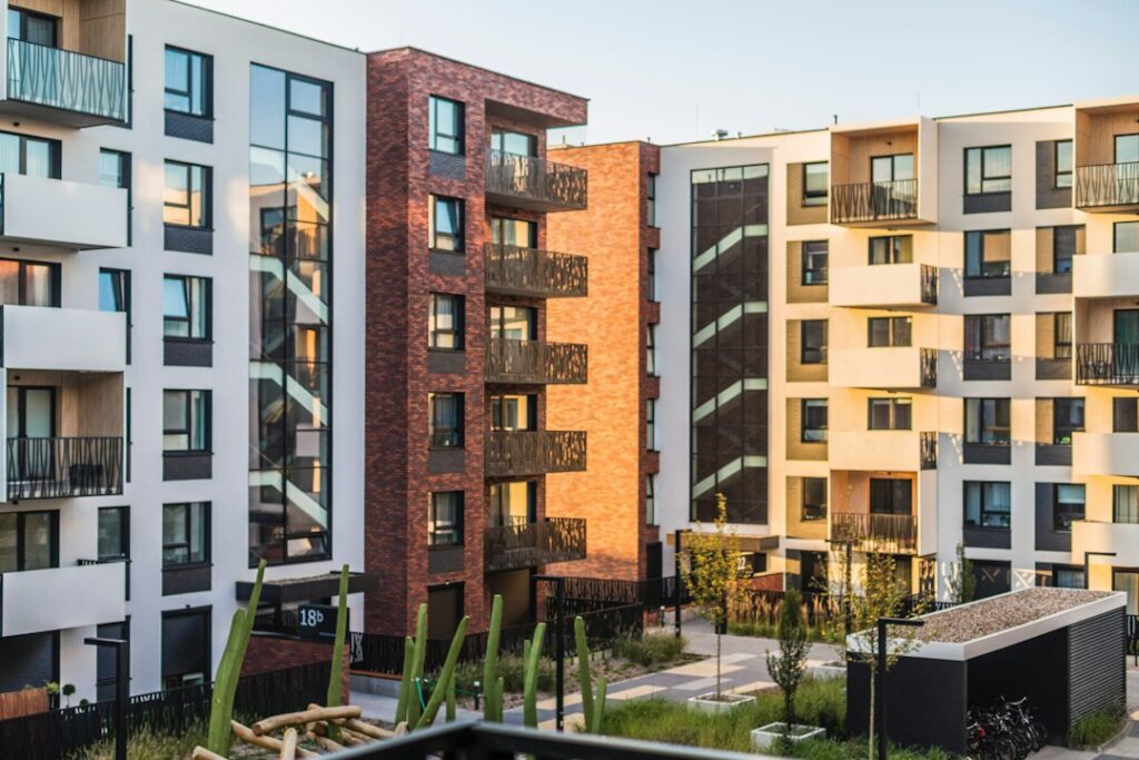 Exterior of a suburban apartment complex with several multistory residential buildings