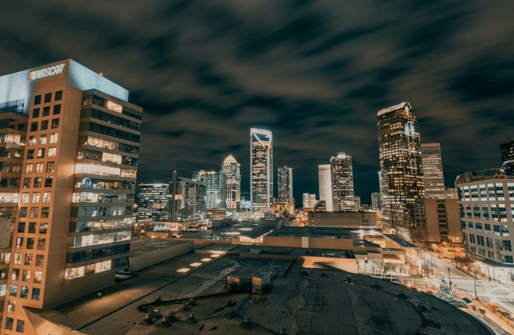 High-rise towers of the Uptown Charlotte, North Carolina skyline seen from street level