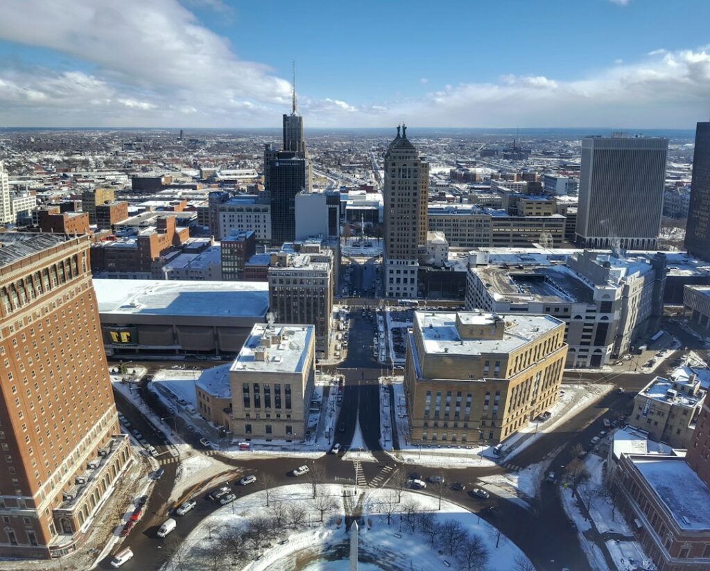 View over the rooftops and buildings of Buffalo, New York seen from a city townhouse